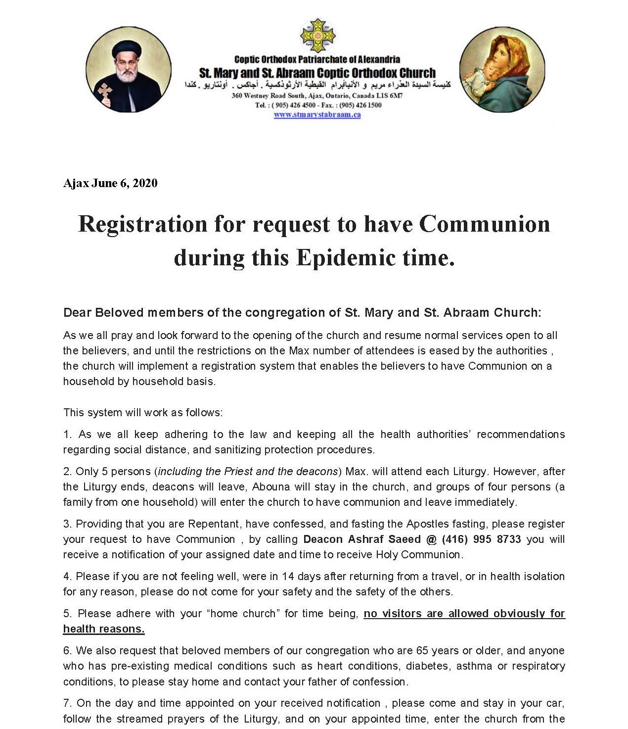 Holy Communion Request - During Pandemic