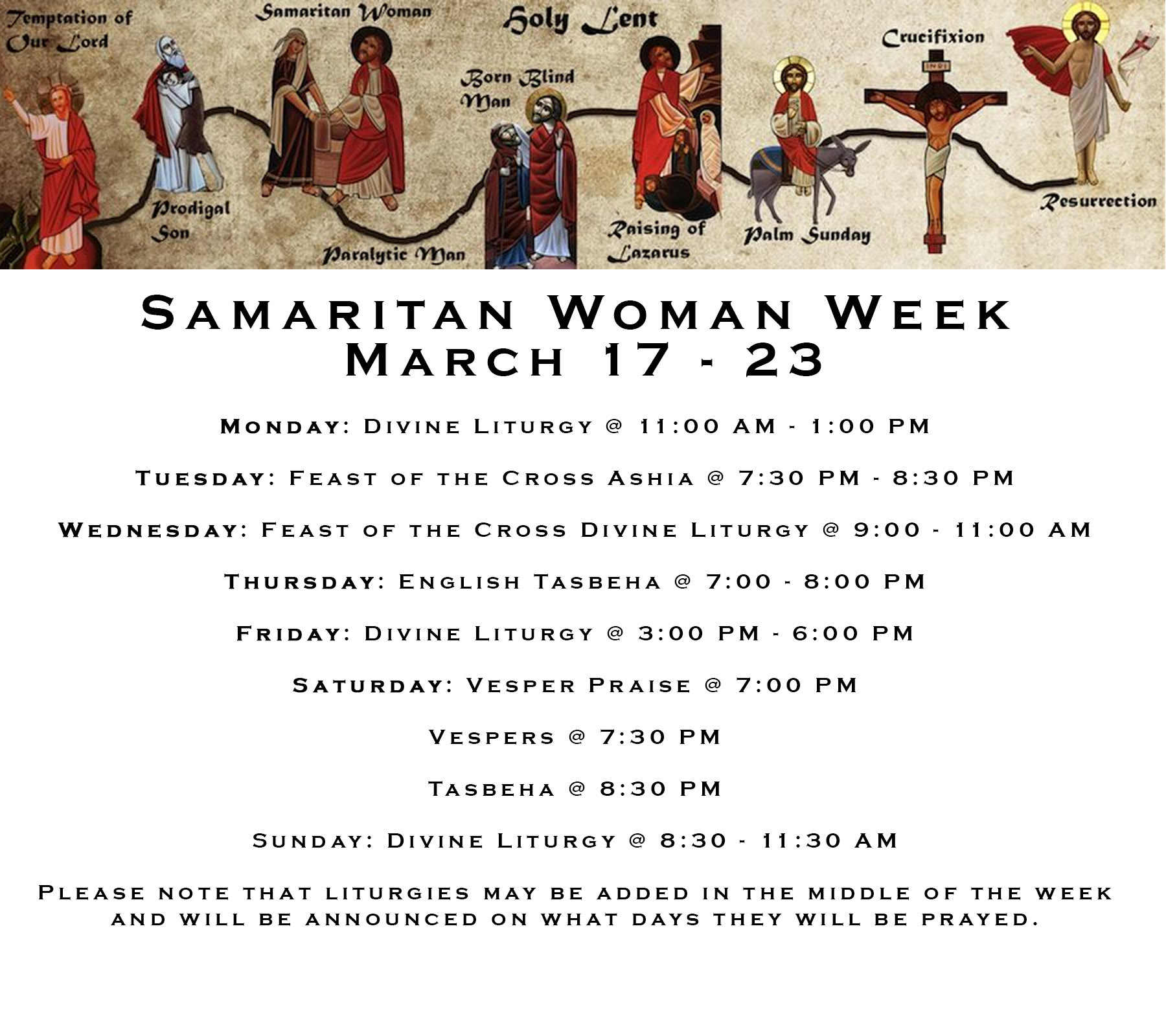 Holy Lent Schedule - Samaritan Woman Week - March 17 - 23