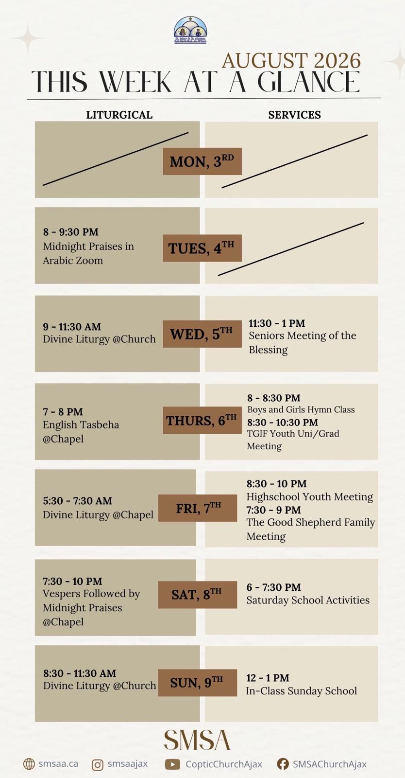 Schedule August 3 to August 9