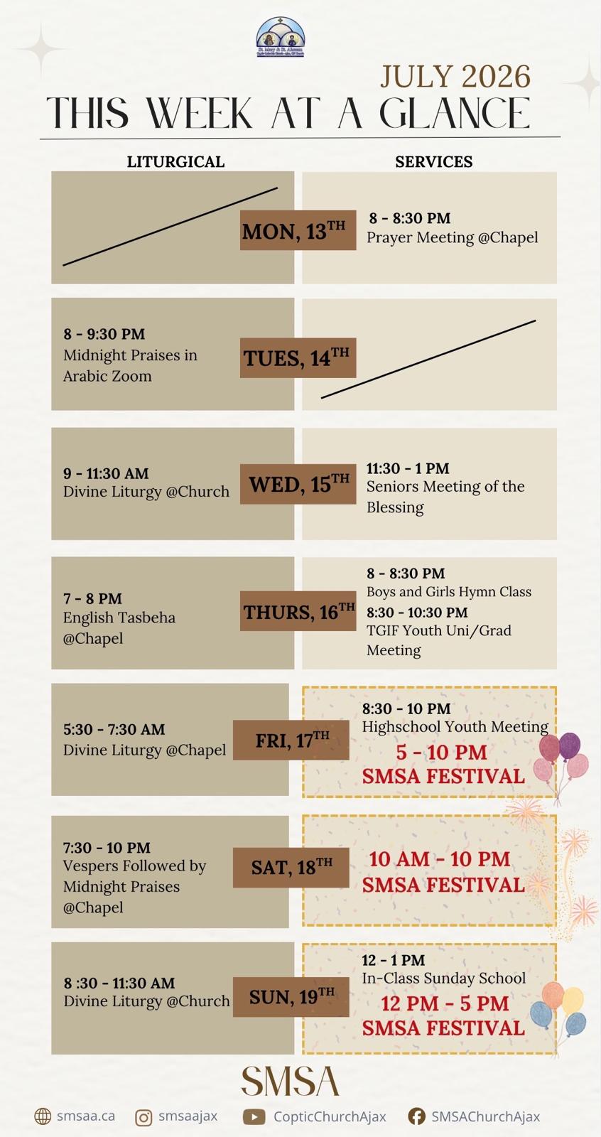 Schedule July 13 to July 19