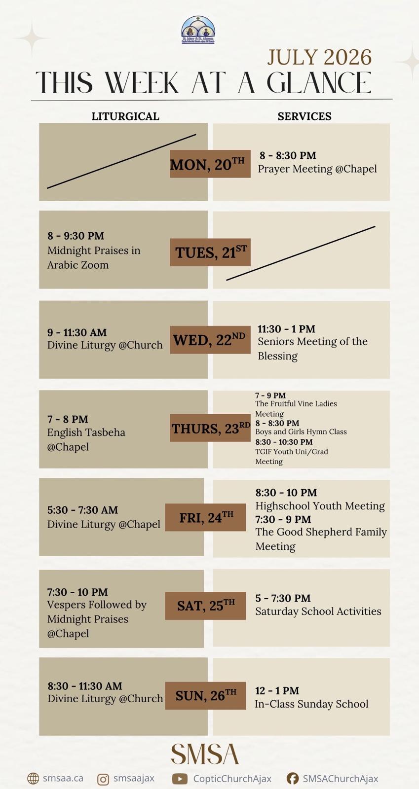 Schedule July 20 to July 26