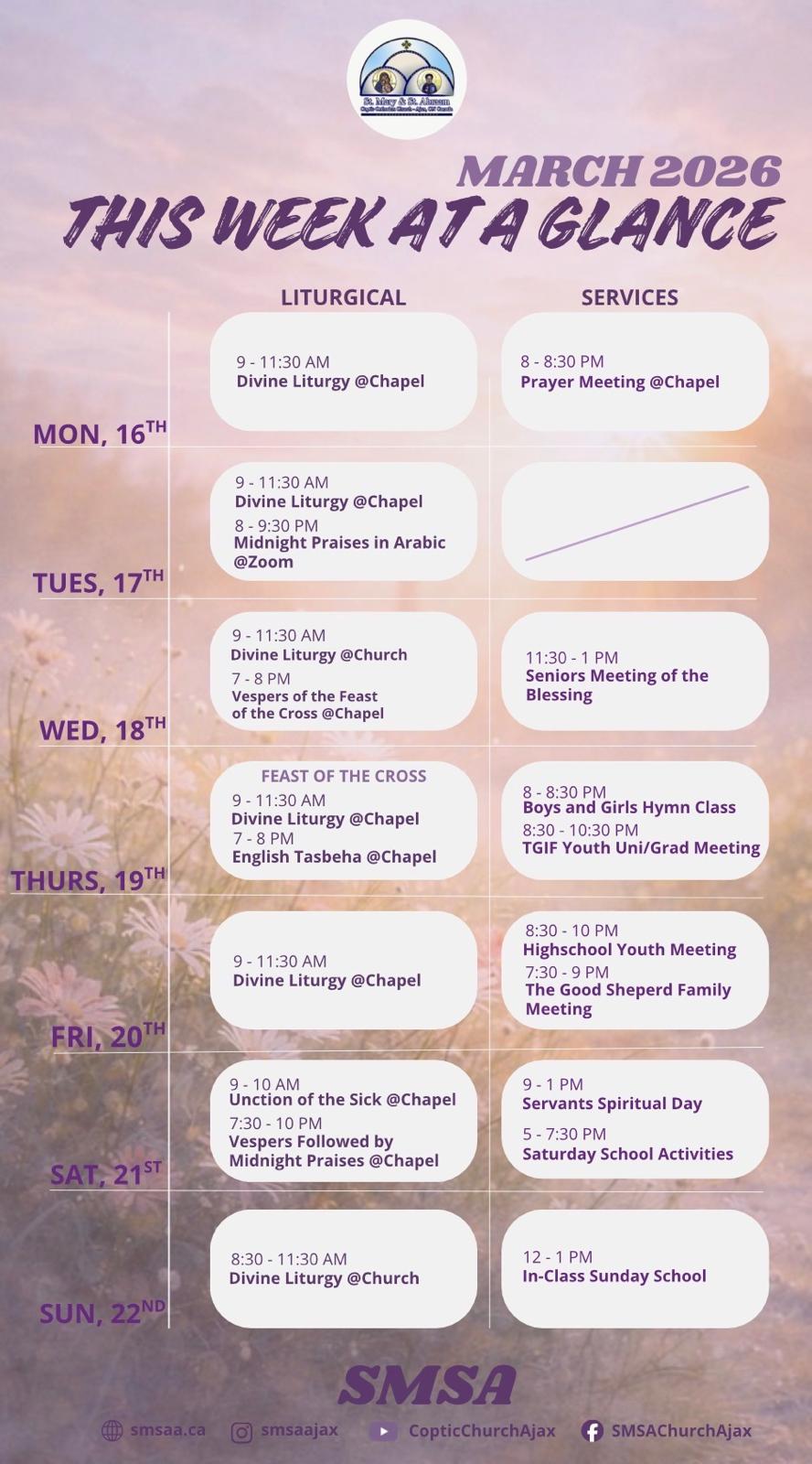 Schedule March 16 to March 22