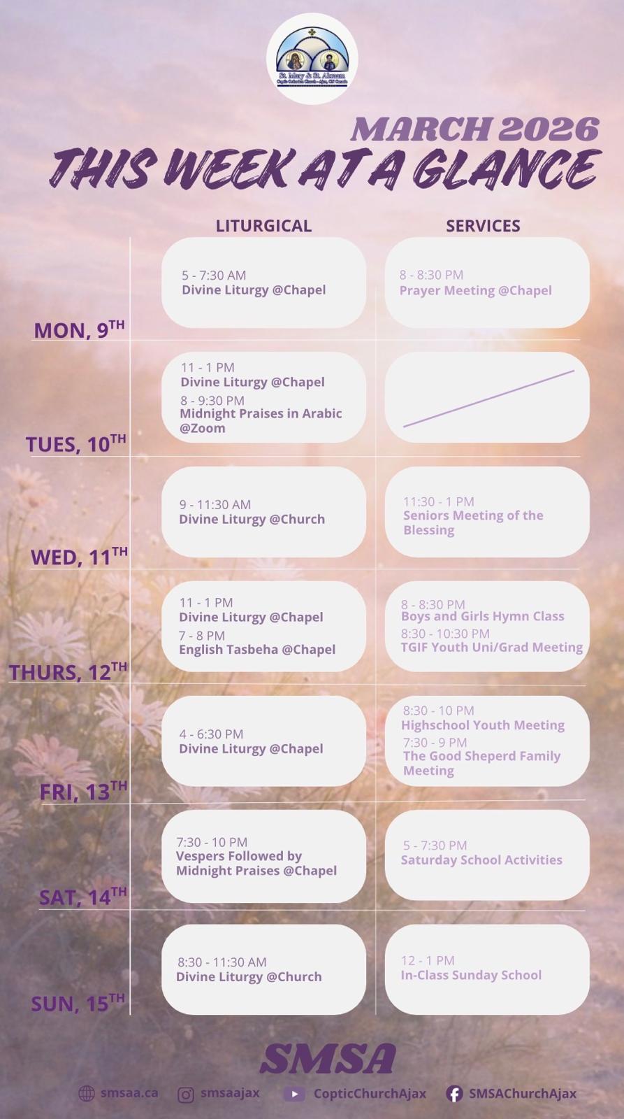 Schedule March 9 to March 15