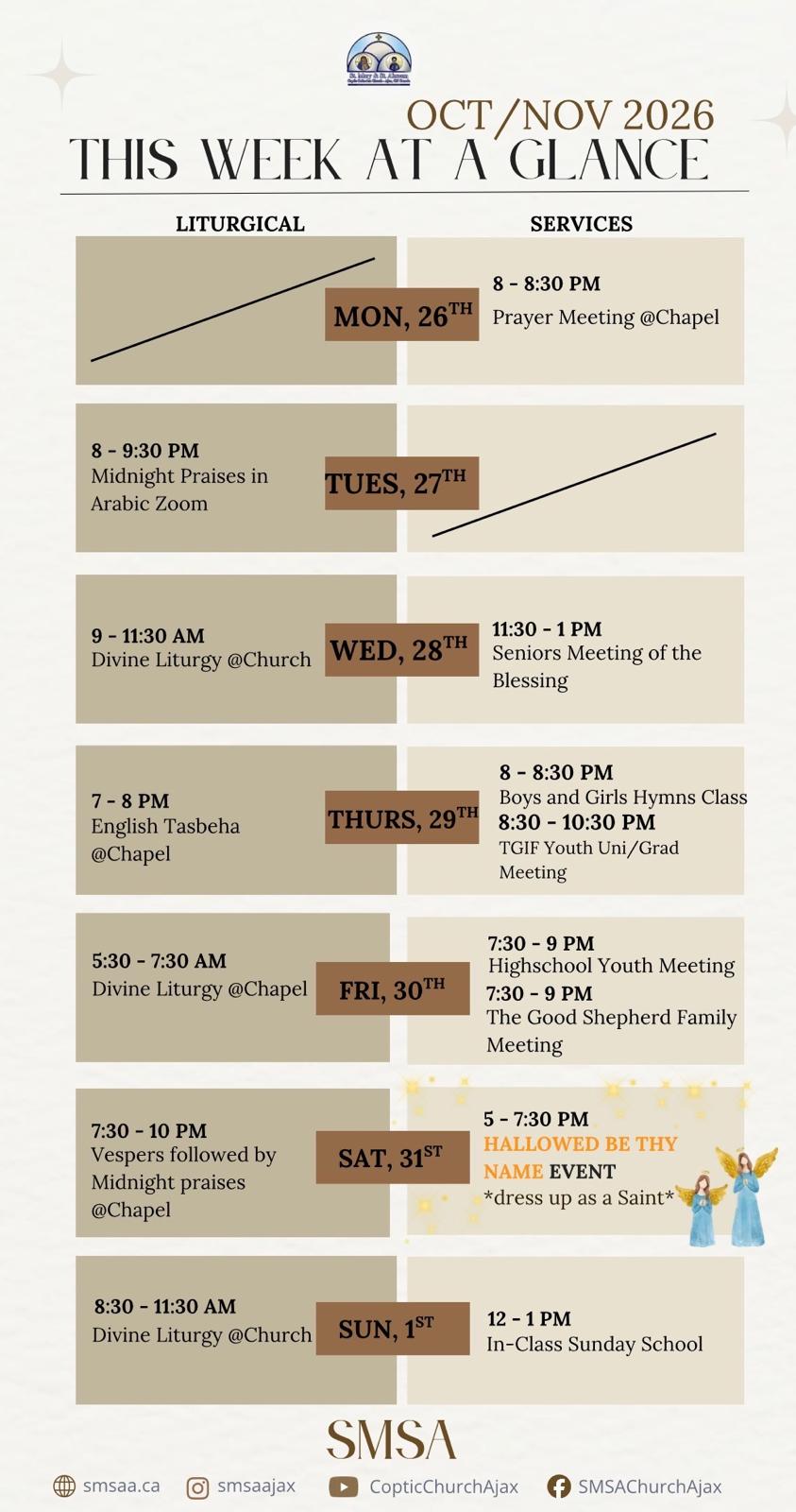 Schedule October 26 to November 1